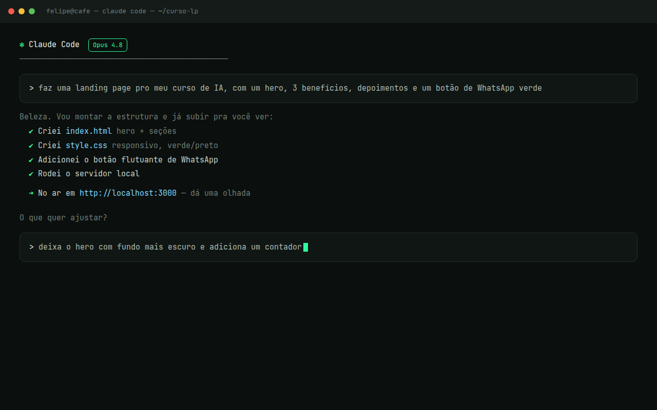 Claude Code rodando no terminal, construindo uma landing page por conversa