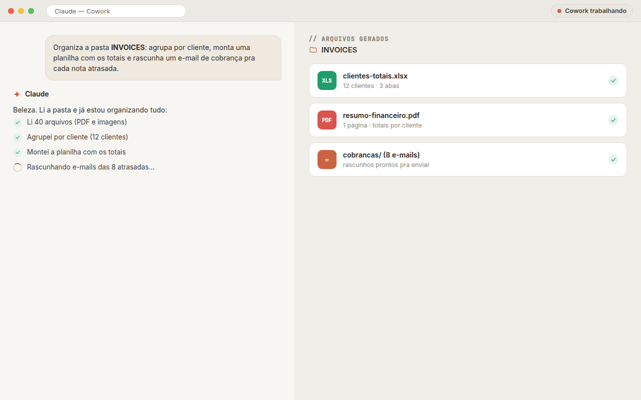 O Cowork trabalhando sozinho: montando planilha, PDF e e-mails